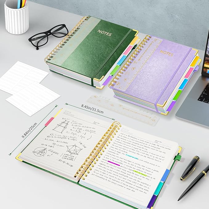 Hardcover Spiral Notebook Journal with Removable PVC Dividers - 8'' x 10'' Large 300 Pages B5 Hardcover Leather Lined Journals Notebook with Tab for Work Note Taking Office Home School Supplies, Green