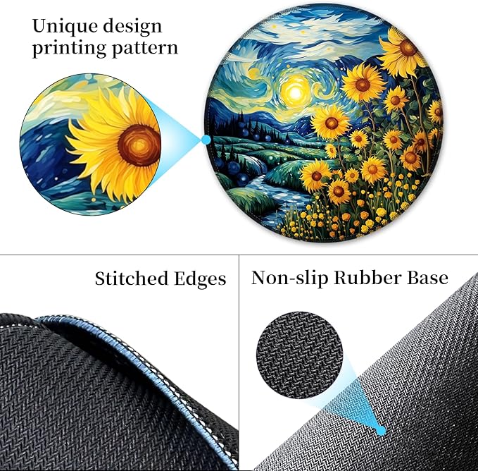 Sunflower Mouse Pad for Desk, Floral Small Mousepad with Non-Slip Rubber Base, Round Travel Mouse Pads for Wireless Mouse Laptop, Computer Mouse Mat for Gaming Home Office Desk Accessories