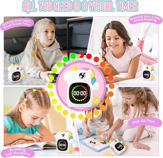 Unicorn Visual Timer for Kids, Rechargeable 99:59 Digital Countdown Timer, Visual Time Progress Display, Adjustable Volume, Classroom Homeschool Study Timer