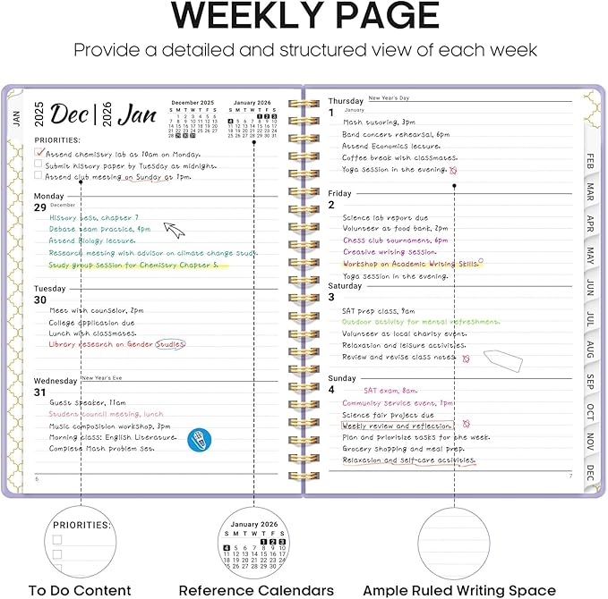 2026 Planner, Weekly and Monthly Calendar Planner, January 2026 - December 2026, Hardcover 2026 Calendar Book with Tabs For Women & Men, Inner Pocket, Spiral Bound, Perfect for Office Home School Supplies - A5 (6.3" x 8.5"), Purple