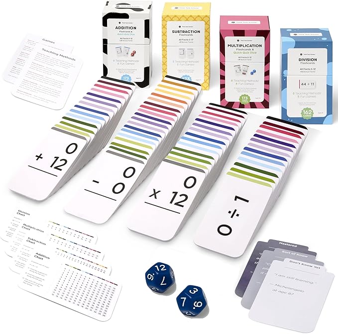 Award-Winning Math Flash Cards – 681 Addition, Subtraction, Multiplication & Division Facts (0–12) – 1 Fact & Visual Aid Per Card (Jumbo Size) 2 Dice, Games, Teaching Methods & Mastery Divider Tabs