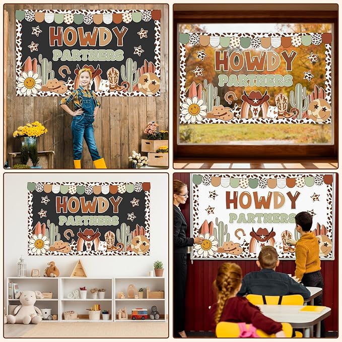 Western Cowboy Bulletin Board Decoration Set Retro Groovy Classroom Decorations Howdy Partners West Cowboy Themed Paper Cutouts for Classroom School Home Wall Chalkboard Office Party Decor Supplies