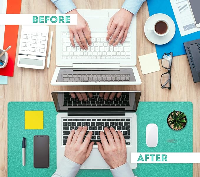 FTC PU Leather Desk Pad & Desk Blotter, Non-Slip Flannelette Base, Stitched Desk Mat for Keyboard, Mouse & Writing, Home or Office (Turquoise, 31.5” x 15.75”)