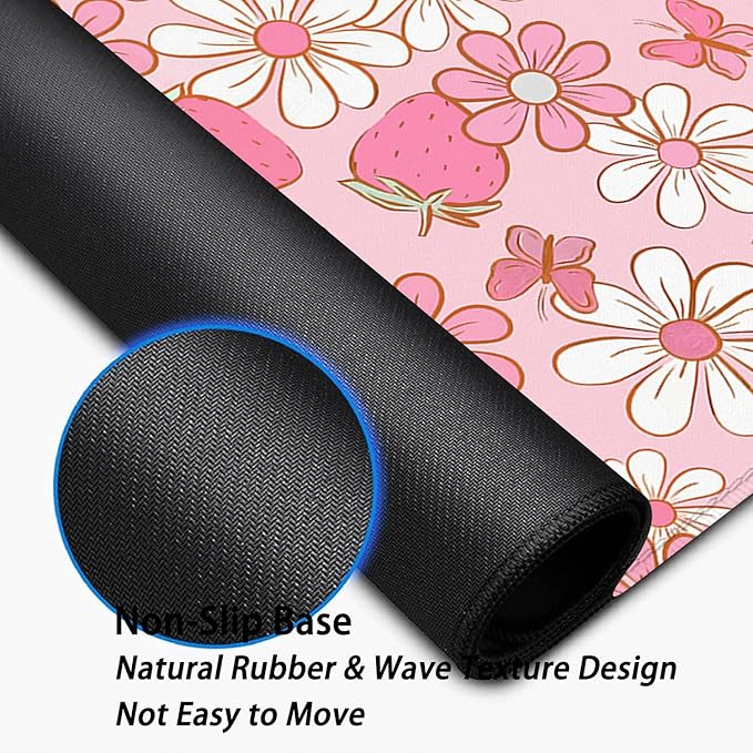 Pink Strawberries Flowers Desk Pad Mouse Pad,Large Butterfly Floral Mouse Mat with Stitched Edges,Non-Slip Rubber Base Mousepad for Office PC Keyboard Laptop and Home Work Desk Mat(31.5X11.8 in)