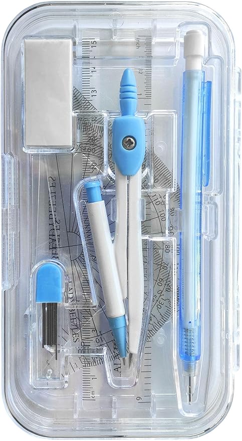 Maths Set Pastel Blue 9PCS Set, Geometry Set Square 4PCS Pack, Compass, Mechanical Pencil, Pencil Leads, Eraser Included in A RE-USABL Plastic Box, Nice Back to School Stationery Set for Students