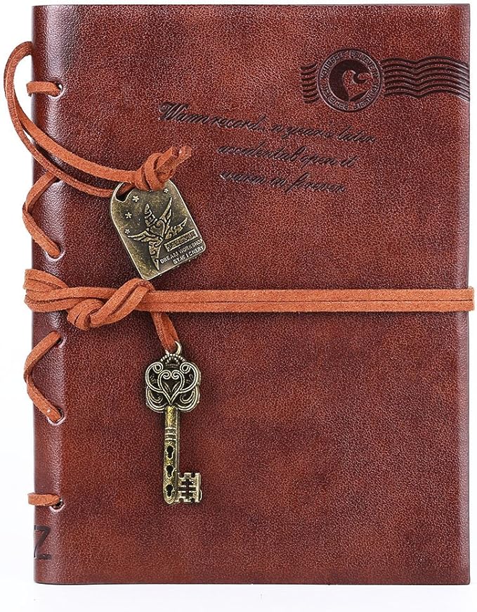 EvZ Leather Writing Journal Notebook, Classic Key Bound Retro Vintage Notebook Diary Sketchbook Gifts with Unlined Travel Journals to Write in for Girls and Boys Notepad Guest Book, Dark Coffee