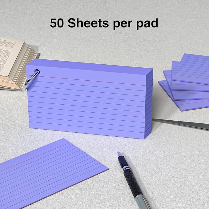 250 Count Purple Index Cards 3x5 Inch with Key Ring, Color Flash Index Card (50 Sheets Each), Durable & Portable Note Taking for Students, Teachers, Study Note Cards for Office Home School