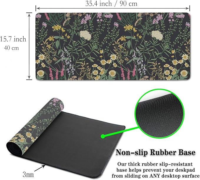 Pc Mouse Pad Black Computer Desk Pad, Large Desk Pads Gaming Desk Mat, Large Mouse Pads Non-Slip Rubber Base Waterproof with Stitched Edges, 35.4" X 15.7" for Work/Game/Office Colorful Flower