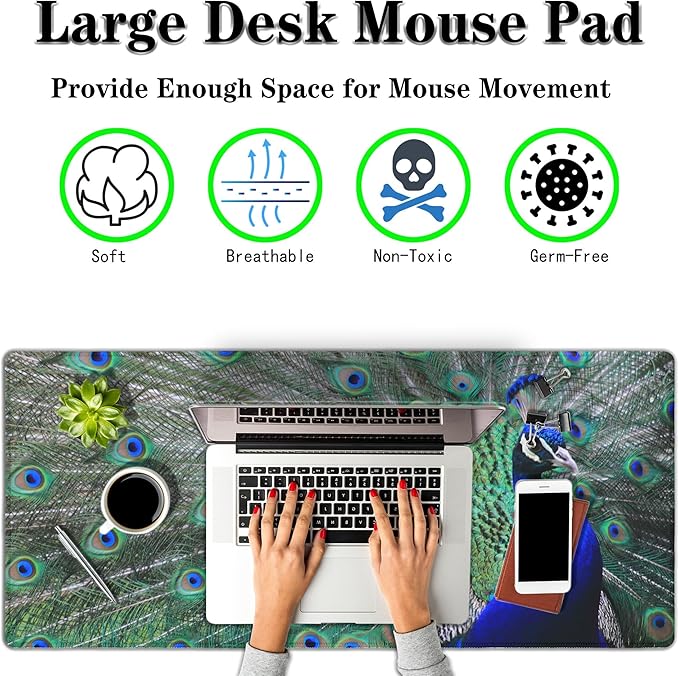 Computer Mat Blue mats, Large Mousepads Keyboard Mouse Pad, Chic Office Desk Accessories Non-Slip Rubber Base Waterproof with Stitched Edges, 35.4 X 15.7 inch for Work/Game/Office Peacock