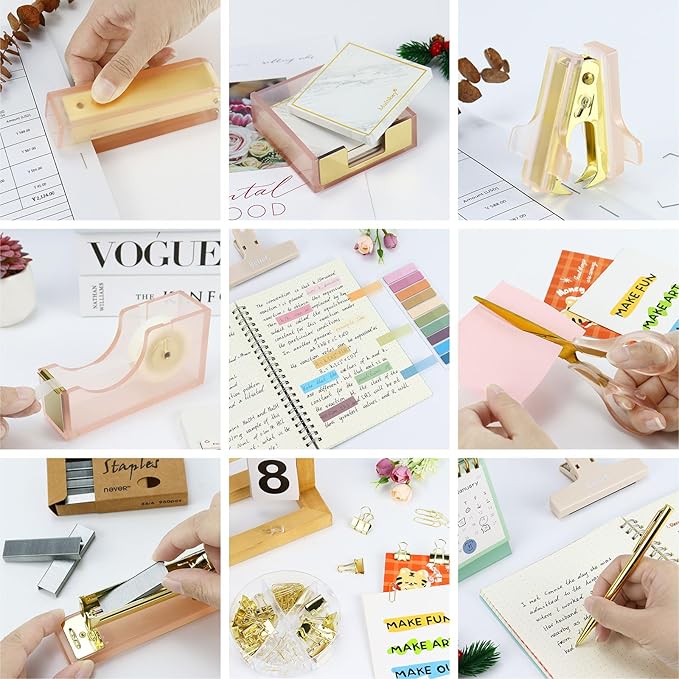 Buqoo Pink Acrylic Sticky Notes Holder Stapler and Tape Dispenser Cutter with Staple Remover, Sticky Notes, Paper Clips, Scissor, Ballpoint Pen for School Home N Office Supplies