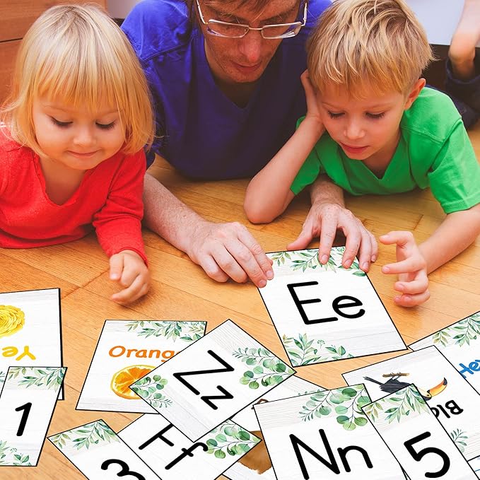 56 Pieces Alphabet and Number Bulletin Board Set Manuscript Bulletin Board Cards Educational Preschool Cards Eucalyptus Colors Shapes Early Childhood Education Posters for Kids Classroom Decoration