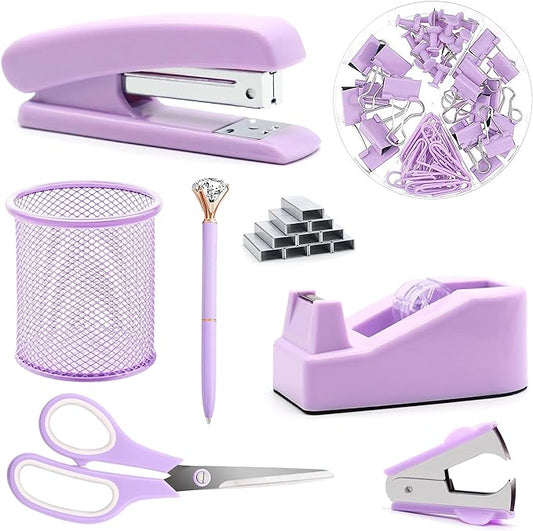 Purple Office Supplies, Purple Desk Accessories, Stapler, Staple Remover, Tape Holder, Pen Holder, Ballpoint Pen, Scissor, Binder Clips, Paper Clips and 1000pcs Staples.