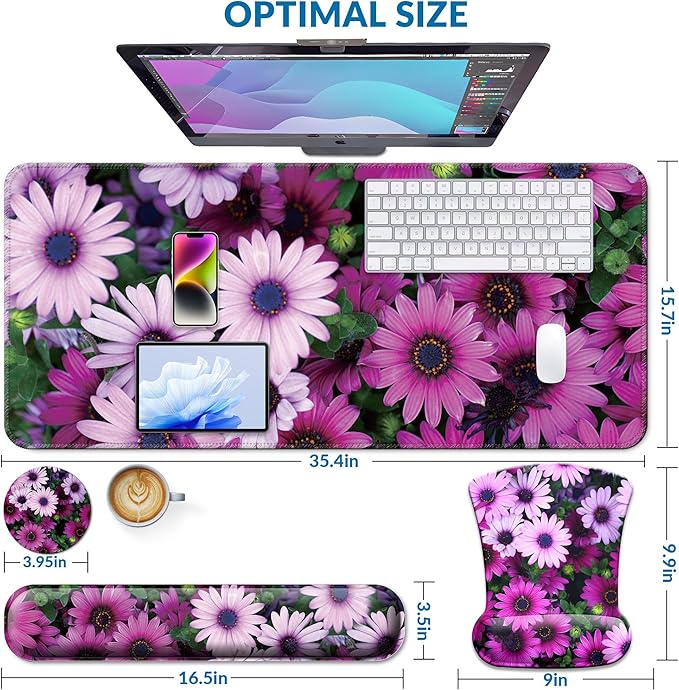 Desk Mat Set + Keyboard and Mouse Pad with Wrist Rest Support,4-in-1 Large Mousepad Computer Mats for Desktop Home & Office -Daisy