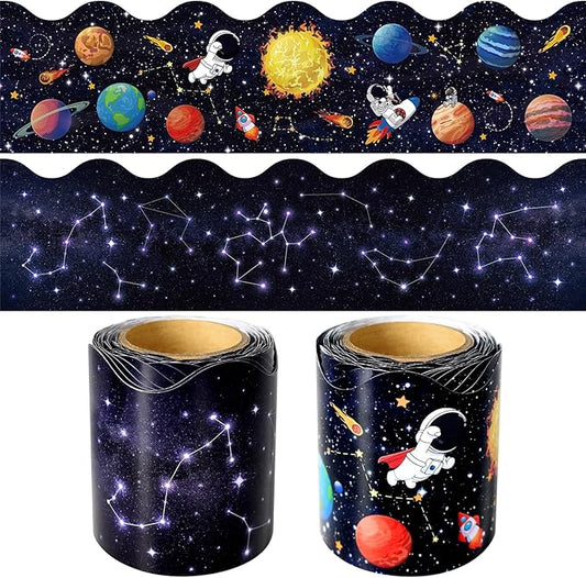 2 Rolls Outer Space Border, 65.6 Ft Galaxy Scalloped Borders Trim Night Sky Classroom Bulletin Board Border Trim for Back to School Classroom Bulletin Boards Chalkboard Wall Decor