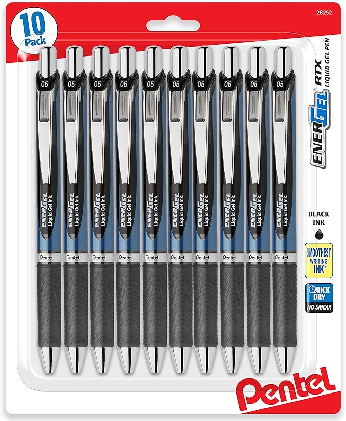 Pentel Energel 0.5 mm, Black Needle Tip Pens - Rtx Retractable Pack of 10 Pens