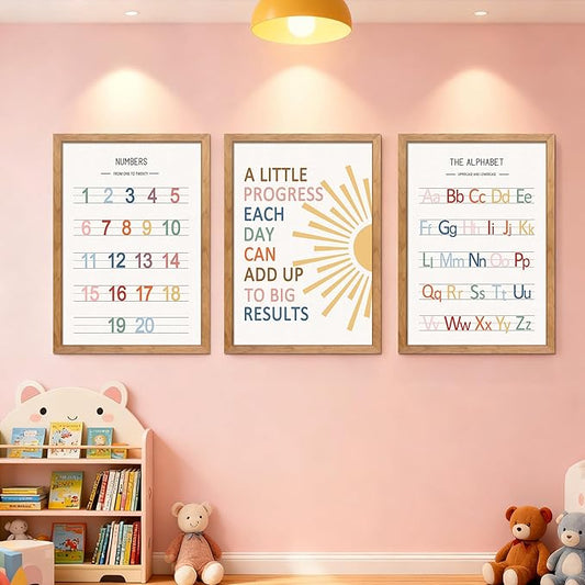 3 PCS Alphabet Numbers Framed Playroom Wall Decor,Classroom Must Haves,A Little Progress Each Day Boho Educational ABC Poster Wooden Sign for Baby Girl Kid Boy Toddlers,Neutral Preschool English Letters Nursery Decor for Homeschool Kindergarten Kids Le...
