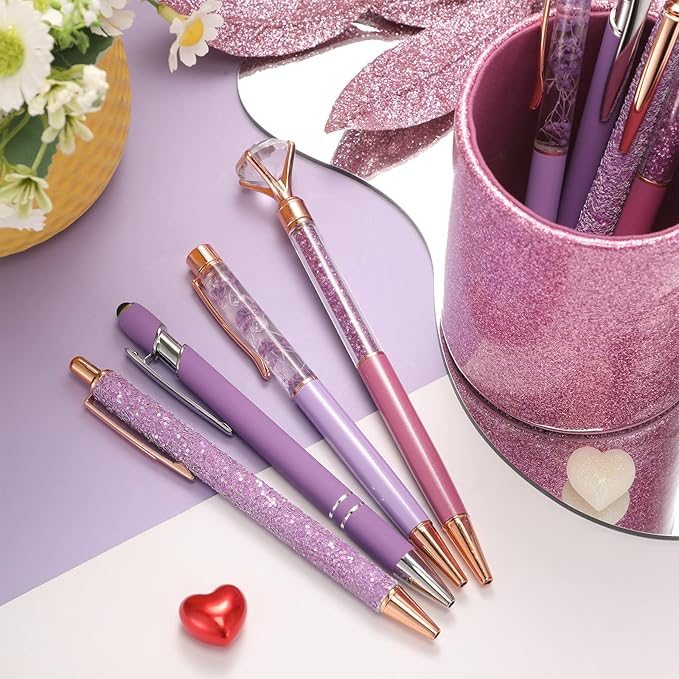 Sabary 8 Pcs Ballpoint Pens with Pen Holder for Desk Glitter Crystal Diamond Fancy Pencil Holder Bling Desk Organizer Cute Stationery Supplies for Women Girls Wedding Office School Gifts(Violet)
