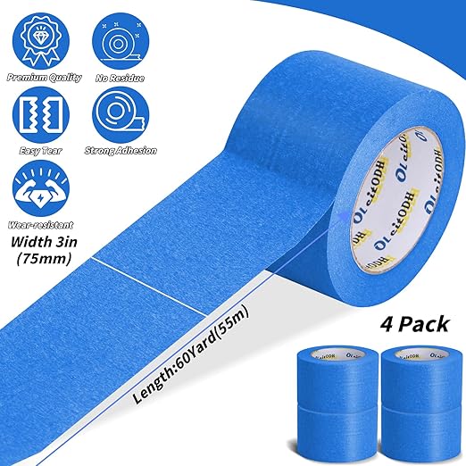 4 Rolls Blue Painters Tape Bulk 3 inch x 60 Yards, Total 240 Yd, Painters Masking Tape No Residue Wall Painting Tape Artist Tape Trim Edge Finishing Tape for Wall Painting Decoration DIY Supplies