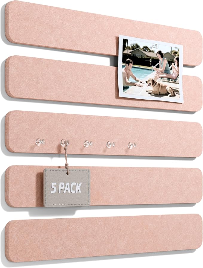 Fluxynara Cork Board Alternative Felt Strip Board 5-Pack 13"x2", Office Pin Board with 35 Push Pins, Adhesive Install for Bedroom Door & Home Office(Pink)