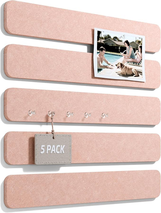 Fluxynara Cork Board Alternative Felt Strip Board 5-Pack 13"x2", Office Pin Board with 35 Push Pins, Adhesive Install for Bedroom Door & Home Office(Pink)