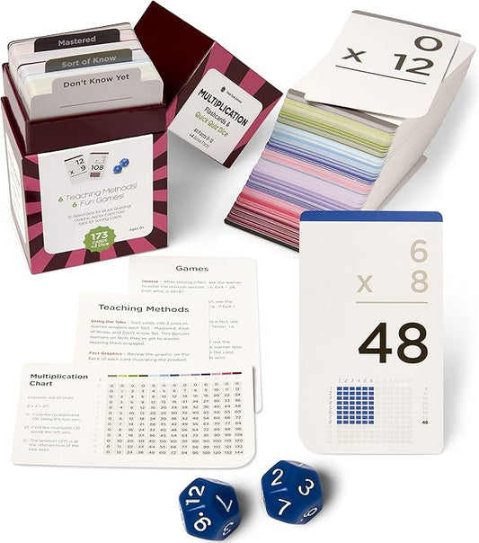Award-Winning Multiplication Flash Cards – 173 Jumbo Cards (3.1” x 5.2”), All Facts 0–12 – 1 Fact & Visual Aid Per Card – Includes 2 Bonus Math Dice, Games, Charts & Mastery Divider Tabs – Grades 2–6