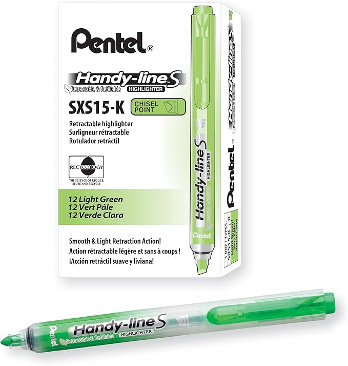 Pentel Handy-Line S Retractable and Refillable Chisel Tip Highlighter, Light Green Ink, Box of 12 (SXS15-K)
