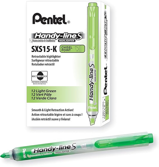 Pentel Handy-Line S Retractable and Refillable Chisel Tip Highlighter, Light Green Ink, Box of 12 (SXS15-K)