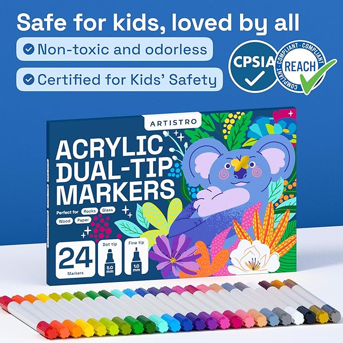 ARTISTRO 24 Acrylic Paint Markers for Rock, Fabric, Wood, Glass, Decoration - Dual-Tip Paint Pens for Coloring Books for Adults, Teens, Kids - Art and Craft Supplies Kit - Gift Idea