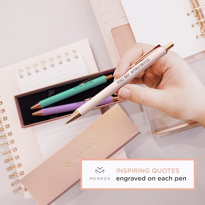 MESMOS 3Pcs Fancy Pen Sets for Women Gift, Ballpoint Pens Black Ink, German-Ink & 1mm Swiss-Tip, Cute Pens for Journaling No Bleed, Employee & Teacher Appreciation Gifts, Thank You Gifts for Women
