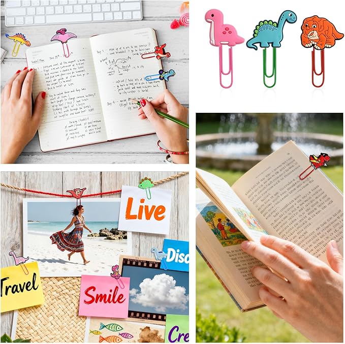 Cute Paper Clips, 30Pcs Cute Dinosaur Bookmark Paperclips Bulk Metal Fun Animal Planner Clip Charm Clamp Desk Accessories Stationery Colorful Office Supplies gifts for Student Teacher Party Decorative