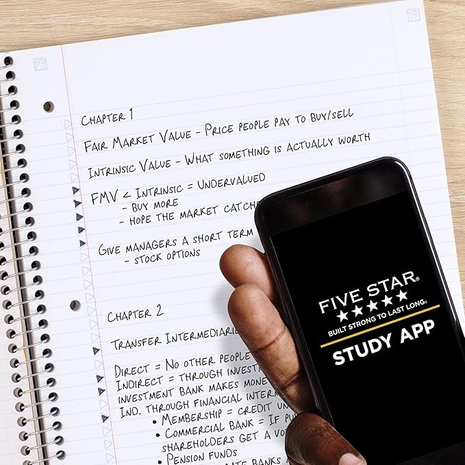 Five Star Spiral Notebook + Study App, 5 Subject, College Ruled Paper, 8-1/2" x 11", 200 Sheets, Fights Ink Bleed, Water Resistant Cover, White (72460)