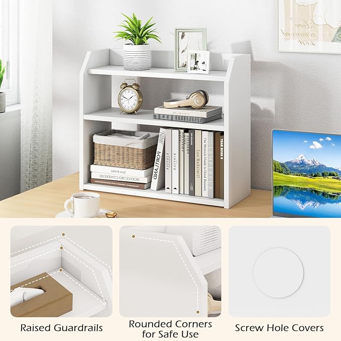 Giantex 3-Tier Desktop Bookshelf, Small Wood Countertop Organizer with Raised Guardrails, Space-Saving Desk Display Hutch, Modern Tabletop Shelf for Study Room, Office and Dorm, White (2)
