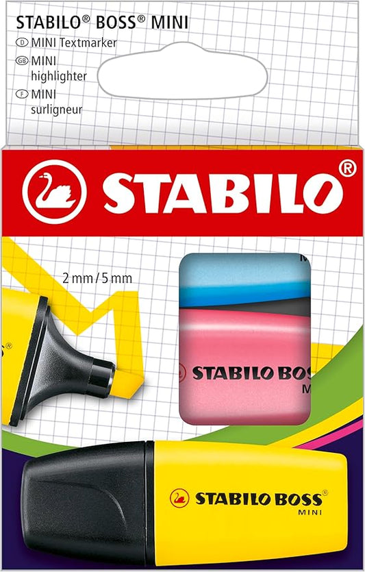STABILO BOSS Mini Highlighter Set, 3-Color, Yellow, Pink, and Blue