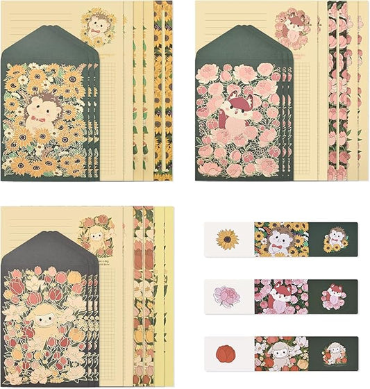 BAYTORY 36Pcs Stationery Paper and Envelopes Set, Cute Animal Patterns Envelope, Love Letter Papers Letter Writing Kit, 18 Paper Sheets + 9 Envelopes (Sheep, Hedgehog, Fox)