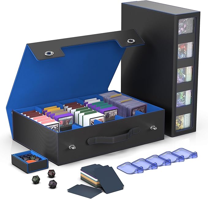 Kabinka Trading Card Storage Box with Handle & Mechanical Latch,5-Row 3900+ Commander MTG Card Case with Sealed Display Window,Top loaders Organizer Deck Box for MTG/TCG/PTCG/Sports Cards (Black Blue)
