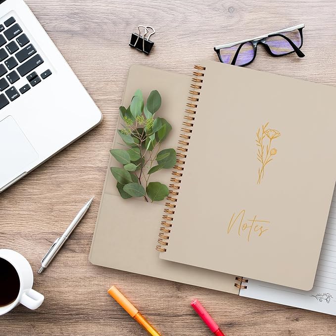 ZICOTO Aesthetic Spiral Notebook Journal For Women - Cute Beige 10.5 x 8.5 College Ruled To Do List Notepad With Large Pockets - Perfect to Stay Organized and Boost Productivity at Work or School