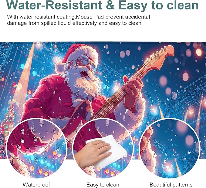 Santa Claus Guitar Extended Mouse Pad XL 31.5"x11.8" – Festive Christmas Desk Mat – Non-Slip Rubber Base, Stitched Edges