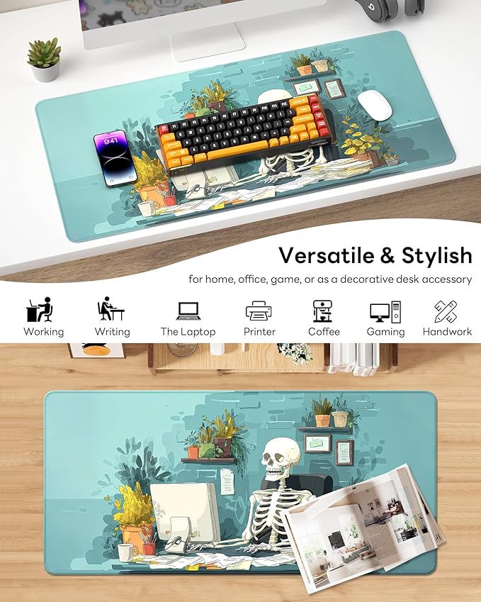 XL Gaming Mouse Pad, 31.5x17.5'' Large Desk Mat with Anti-Slip Rubber Base & Stitched Edges for Gaming, Office, Home - Office Skeleton