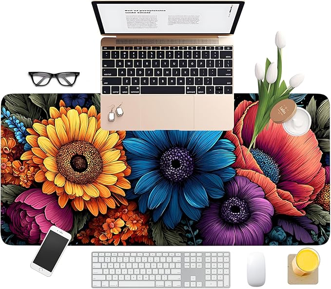 Flowers Extended Gaming Mouse Pad 35.4x15.7Inch Large Desk Mat Anti-Slip Rubber Base & Durable Stitched Edges for Gamers Smooth Mouse Writing Surface for Desk Office/Home