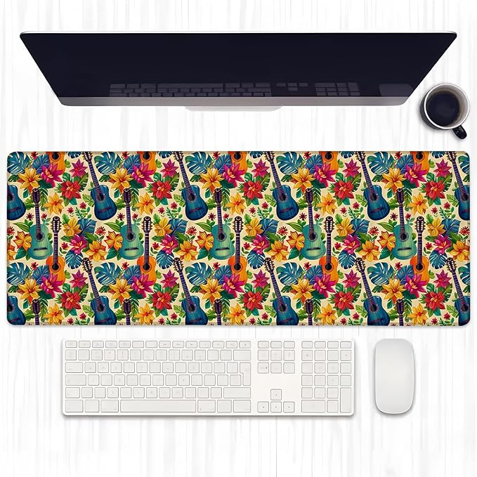 Colorful Guitar Gaming Mouse Pad, Extended Tropical Floral and Leaves Desk Mat Computer Laptop Mousepad, Robust Stitched Edges, 31.5"×11.8" Large Office Keyboard Mouse Pads for Desktop Decor