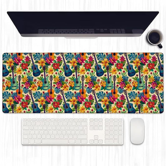 Colorful Guitar Gaming Mouse Pad, Extended Tropical Floral and Leaves Desk Mat Computer Laptop Mousepad, Robust Stitched Edges, 31.5"×11.8" Large Office Keyboard Mouse Pads for Desktop Decor