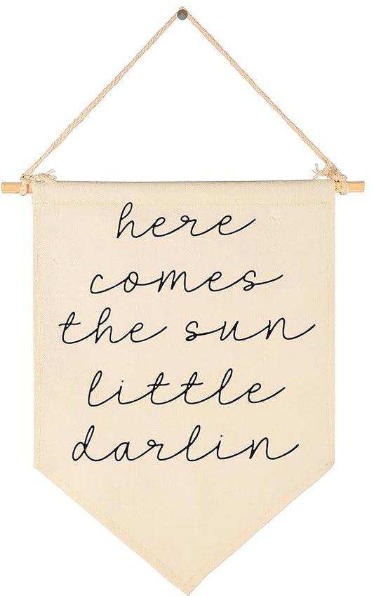 Boho Sunshine Canvas Banner Flag Sign Wall Decor Gift for Boy Girl Kids Nursery Baby Room Above Crib Bedroom Playroom Door-Positive Quote,Baby,Shower Birthday Christmas Gift-Here Comes the Sun
