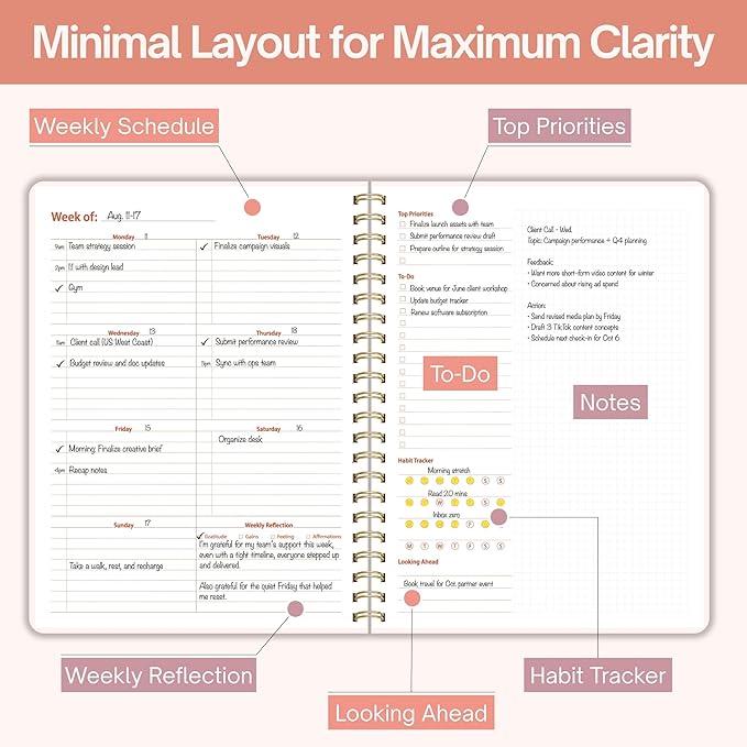 Undated Weekly Planner, 8.5x11” – Dashboard Layout with Yearly Review, Monthly Calendars, & Weekly To Do List, Spiral Bound Organizer for Work, Study & Life (Blush White)