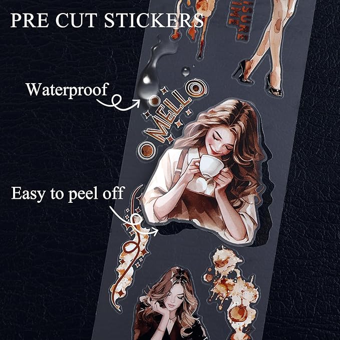 Dizdkizd Pre-Cut Coffee Themed PET Washi Tapes for Journaling, Scrapbooking, Vintage Aesthetic Tape Stickers for Junk Journal, Crafts, Planners, 4 Rolls