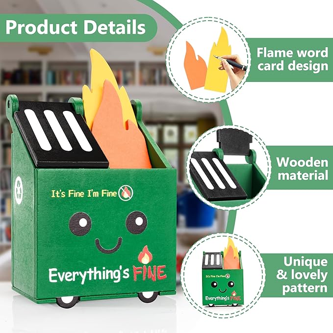 Dumpster Fire and Metal Trash Can Pencil Holder With Tiny Emotional Support Crochet Raccoon Plush Set Funny Office Desk Accessories Decor Gifts for Men & Women, Friend, Coworker,Nurse,Teacher (Black)