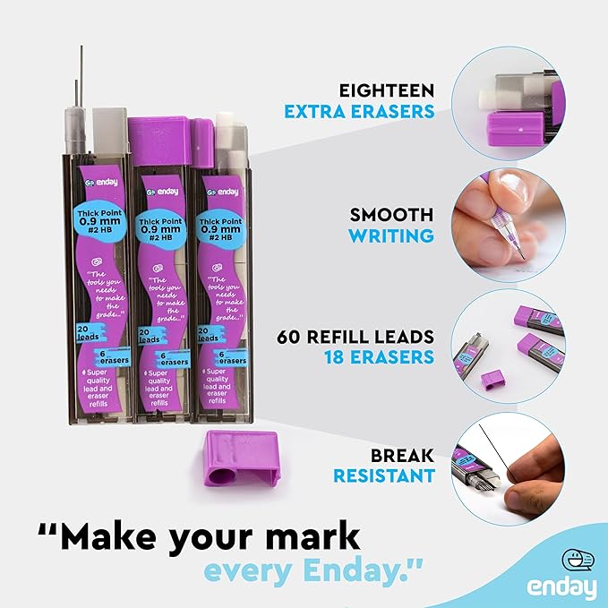 Enday Mechanical Pencil Leads & Eraser Refills, 0.9mm, Black HB #2, 60 Pieces of Lead & 18 Erasers (3 Packs of 20 Pieces of Lead & 6 Erasers)