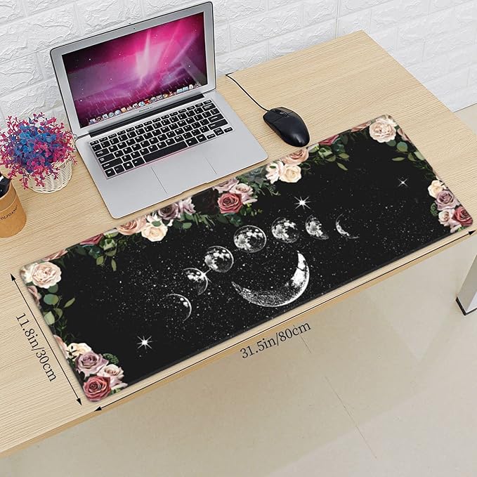 Pale Roses Moon Phase Witchy Tarot Black XXL XL Large Gaming Mouse Pad for Desk, Non-Slip Long Extended Keyboard Pads Mousepad Rubber Table Mat 31.5 X 11.8 Inch