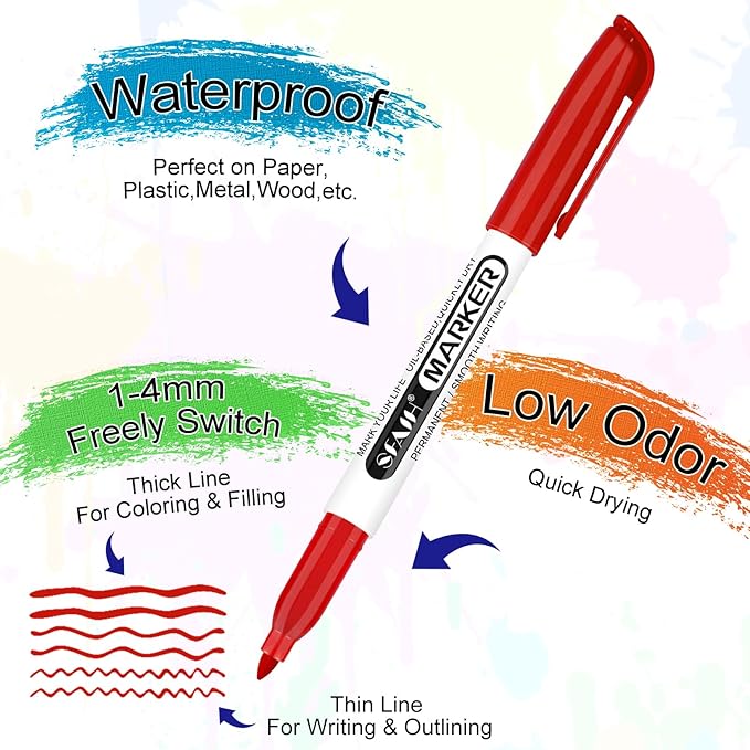 SFAIH Permanent Markers - 36 Vibrant Colors, Quick Drying, Fade Resistant, Alcohol-Based Fine Tip Permanent Markers for Paper, Plastic, Wood, Coloring, Drawing Doodling, Waterproof