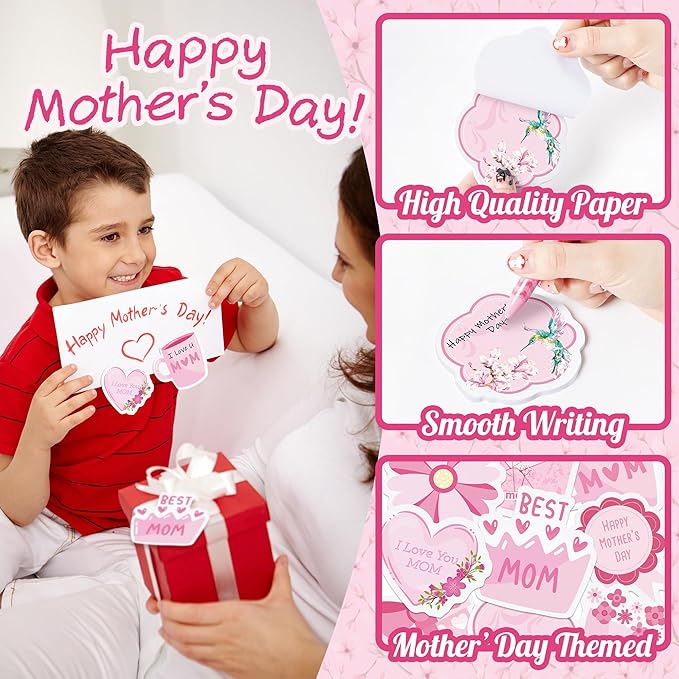 9 Packs Happy Mother's Day Sticky Notes Pink Flower Bouquet Humming Bird Heart Shaped Self-Stick Writing Notepads Mini Adhesive Memo Pads Reminder Love Best Mom Ever Birthday Gift from Son Daughter