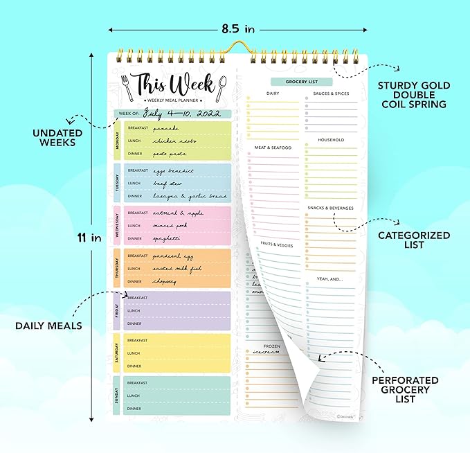 Decorably 52 Sheets Pastel Undated Magnetic Weekly Meal Planner and Grocery List Notepad with 4 Strong Magnets - 8.5x11in Spring-Bound, Refrigerator Mountable, Easy Tear-Off Design